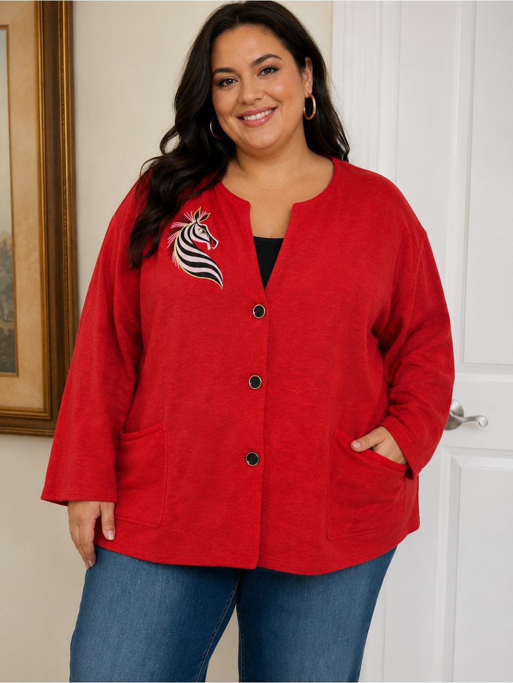 Bob Mackie Red Women’s Plus Size 2X Faux suede Zebra Embroidered Jacket